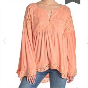 Free People Peach Sequin Bell Sleeve Blouse